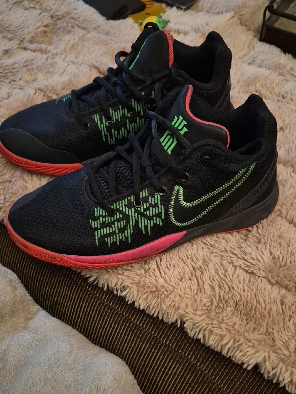 Nike Black Trainers with Neon Green Stitching and Coral Accents